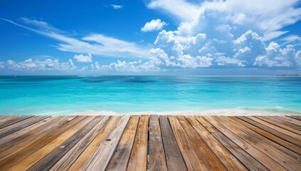 Wall Mural - Wooden Deck Overlooking Turquoise Ocean with White Clouds