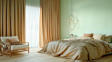 Wall Mural - Mint-walled bedroom with bamboo flooring, light gold curtains, cozy bed, and an armchair nook.