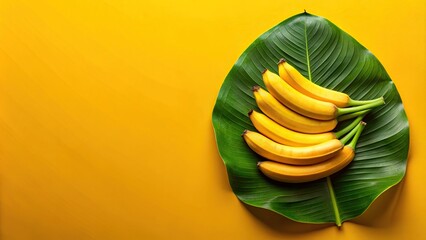 Wall Mural - Bananas on green leaf isolated on yellow background, panoramic