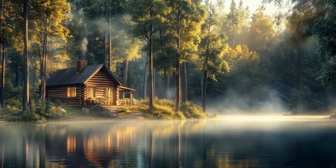 Wall Mural - Beautiful mountain retreat with a log cabin by the water, surrounded by trees and bathed in soft morning light, wooden house nestled in a misty mountain landscape