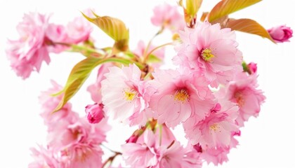 A branch of pink cherry blossoms against a white background with delicate, vibrant petals. AI generated.