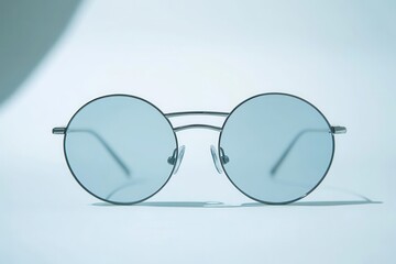 Sticker - A pair of round sunglasses with blue lenses, resting on a light background.