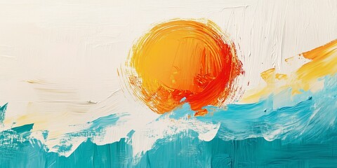 Wall Mural - Colorful abstract art with vibrant orange sun, blue ocean waves, and dynamic brushstrokes, creative backgrounds,  artistic wallpaper.