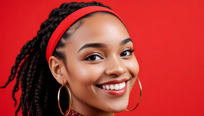 A young Black woman with braided hair wearing a red headband and large hoop earrings, smiling against a red background