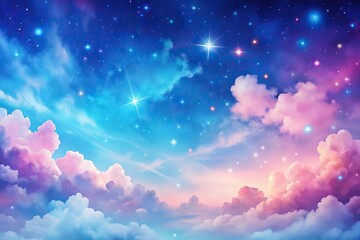 Wall Mural - blue sky and pink and blue clouds and stars background Silhouette