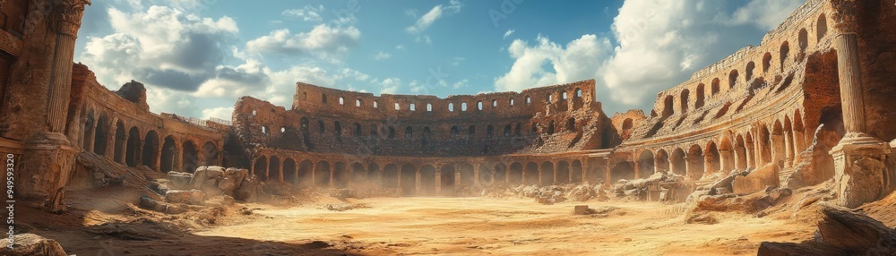 Ancient Roman coliseum, crumbling stone, sandy arena, and audience ...
