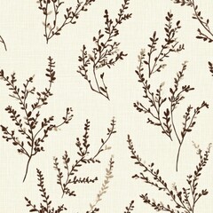 vintage retro style heather sprig pattern on vintage beige fabric background, seamless repeating pat