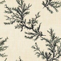 Vintage retro style juniper sprig pattern on vintage beige fabric background, seamless repeating pattern, textile print style, minimal, retro plant design, seamless juniper pattern, wallpaper