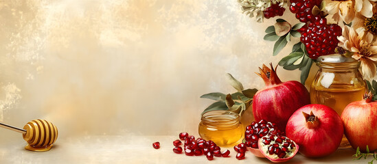 Rosh Hashanah concept with traditional symbols like pomegranate apples honey and flowers set on a beige background with room for text or images Wishing a Happy Rosh Hashana Shana Tova