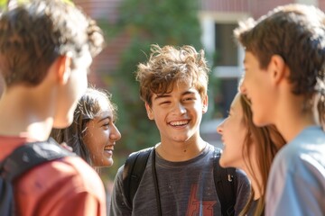 Wall Mural - A group of students standing next to each other outside the school, chatting, Students gathering outside the school, chatting excitedly