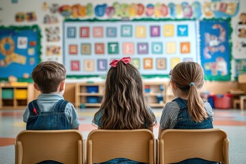 A classroom scene with three young children sitting on chairs facing a colorful board with alphabet letters. The classroom is decorated with vibrant artwork and shelves filled with educational