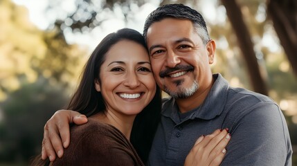 Wall Mural - Middle-aged hispanic couple smiling together outdoors people adult.