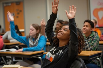 Poster - A group of students sitting at desks in a classroom, eagerly raising their hands to participate, Students sitting at their desks, eagerly raising their hands