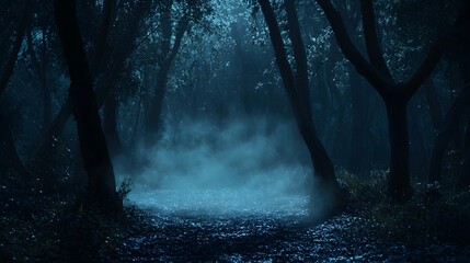 Wall Mural - a dark forest with a spooky, glowing mist rising from the ground