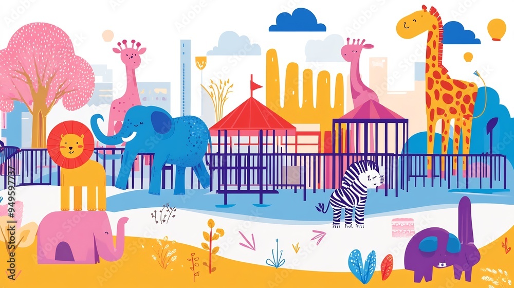 Playful vector of a zoo with animals like elephants lions and zebras in ...