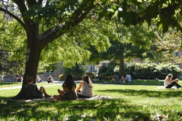Poster - A group of people, students, sitting under a tree in a park, studying and interacting, Students studying under the shade of a tree on the quad