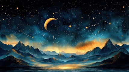 Poster - Starry Night over Mountains and Lake