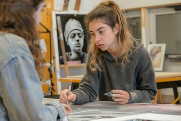 Poster - A girl is seated at a table holding a pencil in her hand, Students working on a collaborative project