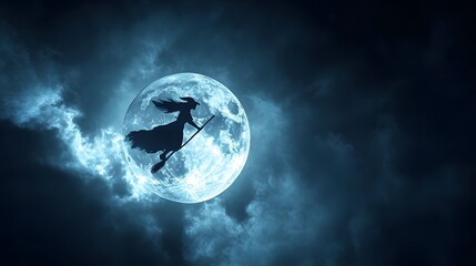 Wall Mural - a silhouette of a witch flying on a broomstick across the moon