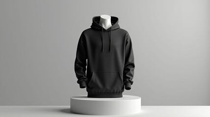 Mockup 3d black plain hoodie with mannequin placed on podium, isolated neutral background