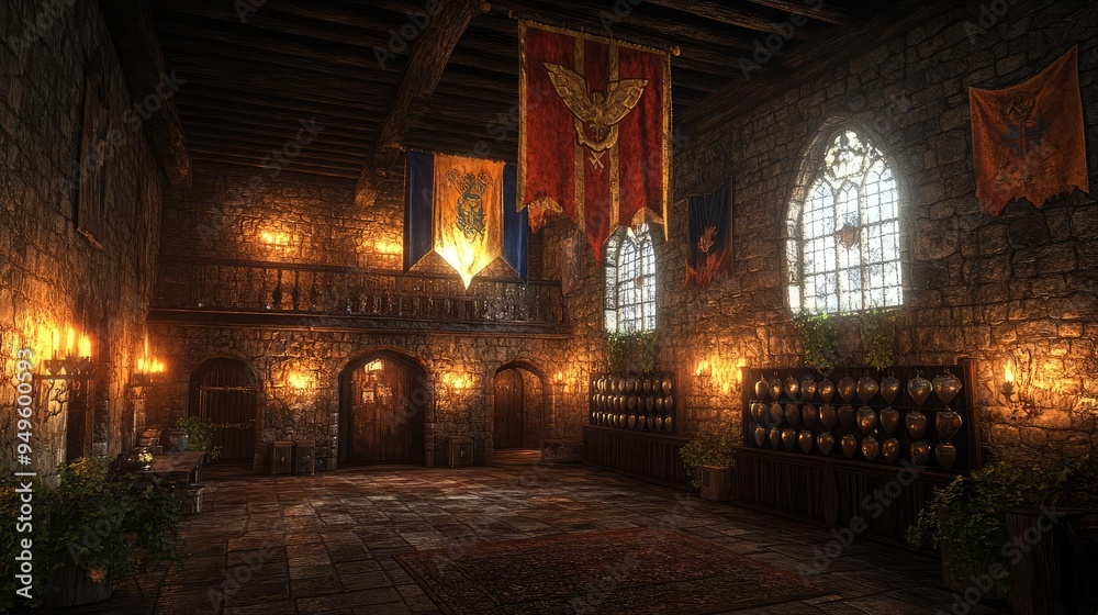 Medieval castle interior, grand halls, armor displays, and flickering ...