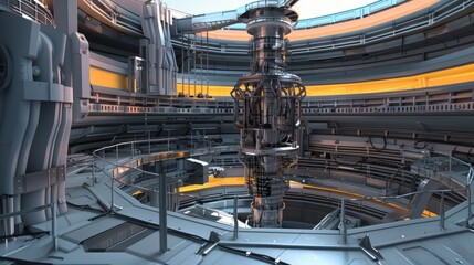 Sticker - Futuristic industrial interior with a large cylindrical machine in the center.