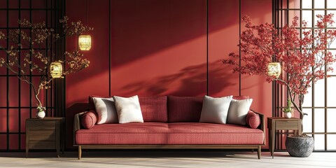 modern design interior japanese living room, luxury cerise sofa and buffet sideboard with wooden white dark red wall background and soft light 