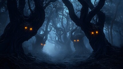 Wall Mural - a dark, eerie forest with twisted trees and glowing eyes