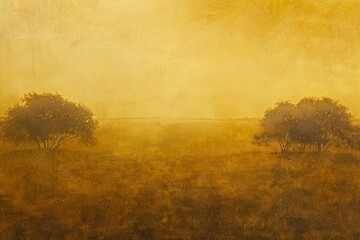 Canvas Print - A painting depicting two trees standing tall in a field under a golden sky, Subtle shadows shifting across a golden horizon