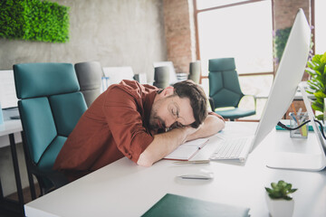 Wall Mural - Photo of nice boss man sleeping table tired dressed brown formalwear comfortable light startup office loft room interior