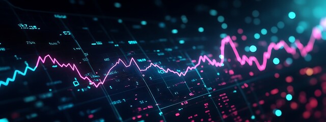 Aufkleber - A Neon Pink Line Chart on a Digital Display with Blue and Red Data Points