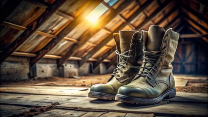 Dark khaki army boots standing upright on a dusty attic floor, high angle, soft natural light, nostalgic atmosphere, a realistic photo image.