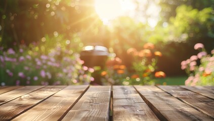 Wall Mural - Wooden Tabletop with Blurred Garden Background in Sunlight