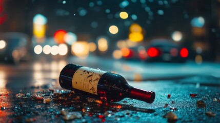 Poster - A bottle of wine is on the ground, shattered and broken