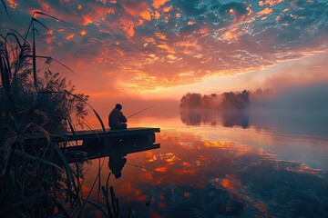 Wall Mural - Fishing on the lake at sunset.