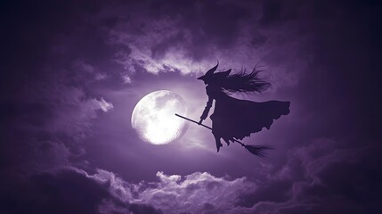 Wall Mural - a silhouette of a witch flying on a broomstick across the moon