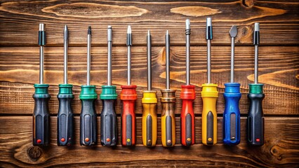 a photo image of a set of screwdrivers with various flathead and Phillips heads tools laid out on a wooden workbench