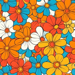 Wall Mural - Vintage flower seamless pattern illustration. Retro psychedelic floral background art design. Groovy colorful spring texture, hippie seventies nature backdrop print with repeating daisy flowers. 