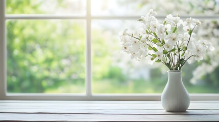 Wall Mural - White wooden table with vase of white flowers and blurred window on spring background 