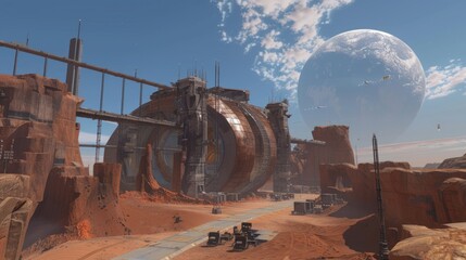 Sticker - Futuristic outpost on a desert planet with a large moon.