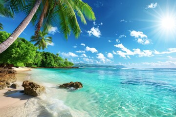 Sticker - Sun-kissed beach with palm trees and crystal-clear turquoise water, Sun-kissed beaches with sparkling turquoise water and palm trees swaying in the breeze