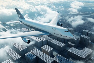 Airplane Flying Over Cargo Containers, Aerial View