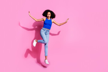 Poster - Photo of amazed girl jumping look down falling isolated pastel color background