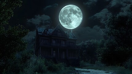 Wall Mural - a full moon casting an eerie glow over a haunted house
