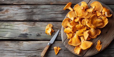 Wall Mural - Chanterelle mushrooms scattered on a wooden board beside a small knife