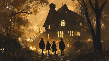 Wall Mural - A group of trick-or-treaters approaching a spooky house