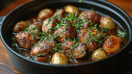 Wall Mural - A black bowl of food with meat and potatoes