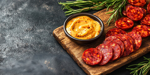 Wall Mural - Sliced chorizo presented on a wooden board with a bowl of dipping sauce