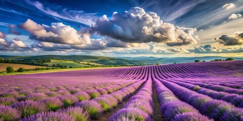 Bird's eye view of a bright lavender field on a sunny day, gentle hills and cloudy sky in the background, serene and calming, a realistic photo image.