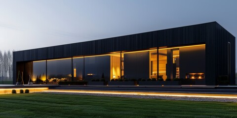 Aufkleber - Modern Black House with Illuminated Windows and Yard